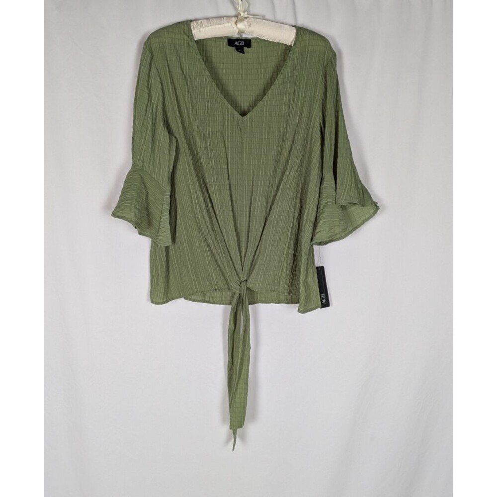 AGB Blouse L Women's Green Vneck 3/4 Bell Sleeve Textured Tie Front Lightweight